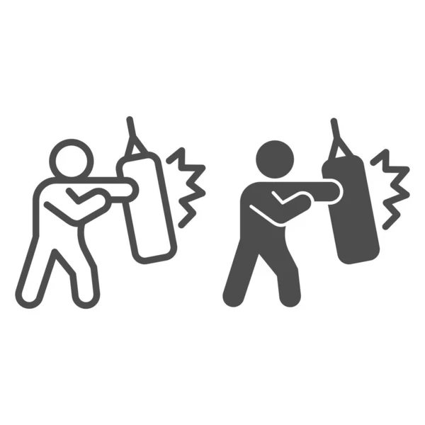 Boxer with Punching Bag line and solid icon, self defense concept, sportsman sign on white background, man is training blow icon in outline style for mobile concept and web design. Vector graphics. — Stock Vector