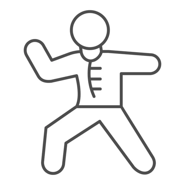 Karate Sportler Thin Line Ikone, Selbstverteidigungskonzept, Karate Kick Zeichen auf weißem Hintergrund, Martial Arts Master Ikone im Outline-Stil für mobiles Konzept und Webdesign. Vektorgrafik. — Stockvektor