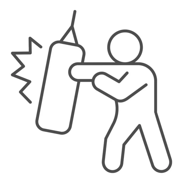 Boxer avec Punching Bag icône de ligne mince, concept d'auto-défense, signe sportif sur fond blanc, l'homme s'entraîne icône de coup dans le style de contour pour le concept mobile et la conception Web. Graphiques vectoriels. — Image vectorielle