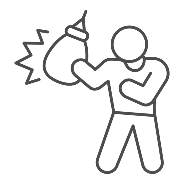 Boxer mit kleinen Tropfen Boxsack dünne Linie Symbol, Selbstverteidigungskonzept, Sportler Zeichen auf weißem Hintergrund, ist Mann Ausbildung Schlag Symbol in Umriss Stil für Web-Design. Vektorgrafik. — Stockvektor
