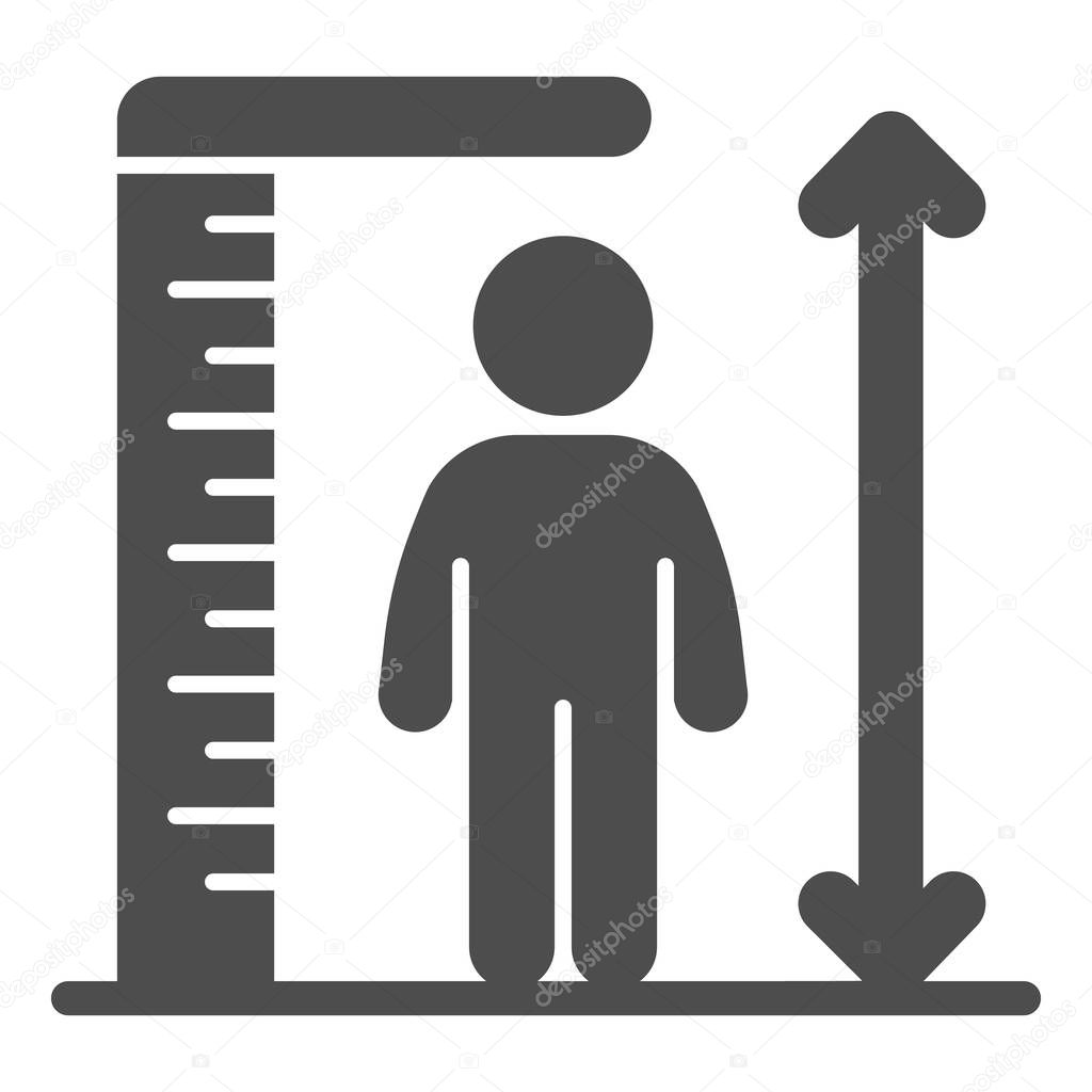 Ruler and human height solid icon, Aquapark concept, Man tall scale sign on white background, man and height chart icon in glyph style for mobile concept and web design. Vector graphics.