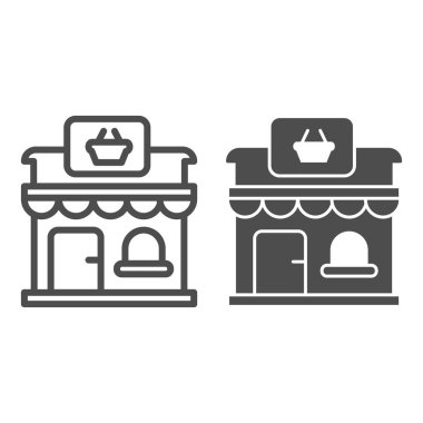Dükkan hattı, sağlam ikon, pazar yeri konsepti, beyaz arka planda ön cephe tabelası, mobil konsept ve web tasarımı için tasarım tarzında dükkan inşa ikonu. Vektör grafikleri.