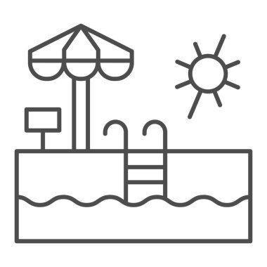 Merdiven ve plaj şemsiyesi olan havuz, ince çizgi ikonu, Aquapark konsepti, beyaz arka planda açık havuz tabelası, su parkı ikonu şeklinde yüzme havuzu. Vektör grafikleri.