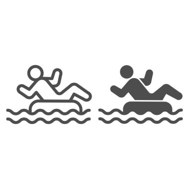 Şişirilebilir halka çizgisi ve katı ikon, Aquapark konsepti, beyaz arka planda Yüzme Yüzüğü tabelası, su parkında şişme dairesi olan, cep telefonu için taslak tarzı bir adam. Vektör grafikleri.