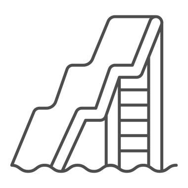 Merdiven ince çizgi ikonlu su kaydırağı, Aquapark konsepti, beyaz arka planda su çekimleri tabelası, mobil konsept ve web tasarımı için ana hatlı büyük su kaydırma ikonu. Vektör grafikleri.