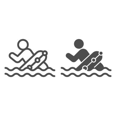 Su hattında can simidi ve katı ikonu olan bir adam, Aquapark konsepti, beyaz arka planda can kurtaran işareti, mobil ve web tasarımı için taslak biçimli bir kurtarma şamandırası simgesi simgesi olan biri. Vektör grafikleri.