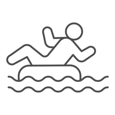 Şişirilebilir halka ince çizgi ikonu, Aquapark konsepti, beyaz arka planda Yüzme Yüzüğü tabelası, su parkında şişme dairesi olan, cep telefonu için taslak tarzı bir adam. Vektör grafikleri.