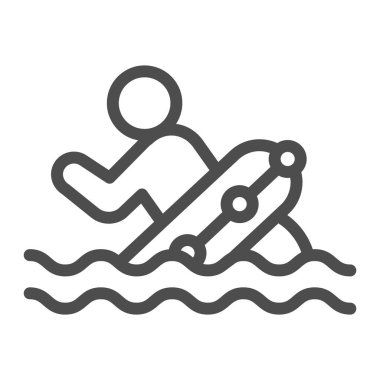 Su hattı ikonunda can simidi olan bir adam, Aquapark konsepti, beyaz arka planda can kurtaran işareti, mobil ve web tasarımı için taslak biçimli bir kurtarma şamandırası ikonu simgesi olan biri. Vektör grafikleri.