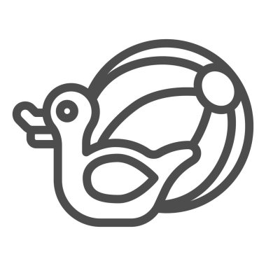 Plastik ördek ve plaj topu ikonu, Aquapark konsepti, beyaz arka planda plaj oyuncakları, havuz topu ve mobil ve web tasarımı için ana hatlı plastik ördek ikonu. Vektör grafikleri.