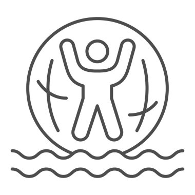 İçinde insan olan şişme top su ince çizgi ikonu, Aquapark konsepti, Zorb 'daki insan beyaz arka planda, Rubber Zorb dalga ikonu üzerinde mobil ve web için taslak stil. Vektör grafikleri.