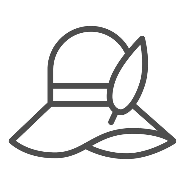 Cappello da spiaggia donna icona linea, concetto Aquapark, segno cappello Pamela su sfondo bianco, Cappello con icona piuma in stile contorno per il concetto di mobile e web design. Grafica vettoriale. — Vettoriale Stock