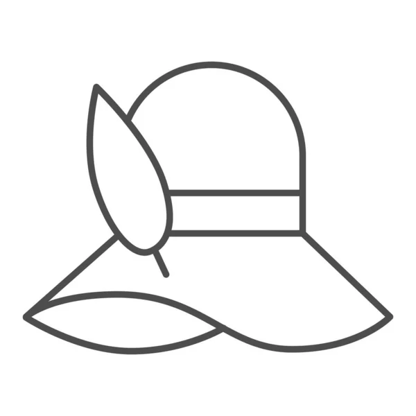 女性のビーチの帽子細い線のアイコン、 Aquaparkのコンセプト、白い背景にパメラの帽子のサイン、モバイルコンセプトとウェブデザインのアウトラインスタイルで羽のアイコンを持つ帽子。ベクトルグラフィックス. — ストックベクタ