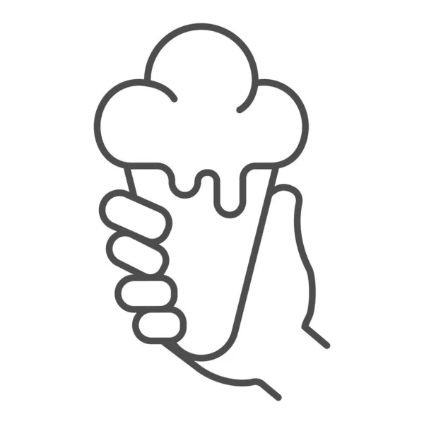 Мороженое в руке тонкой линии значок, концепция Аквапарка, Рука держит вафельный конус с шариками знак на белом фоне, значок мороженого в набросок стиль для мобильной концепции и веб-дизайн. Векторная графика. — стоковый вектор