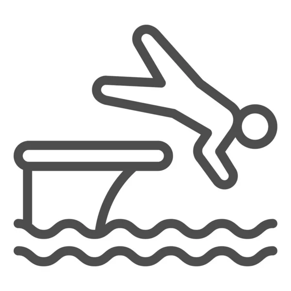 Man jump in water line icon, Aquapark concept, nuotatore che salta dal blocco di partenza al segno piscina su sfondo bianco, Atleta che si tuffa dall'icona trampolino di lancio in stile contorno. Grafica vettoriale. — Vettoriale Stock