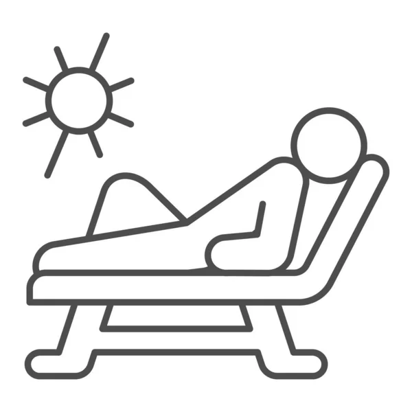 Beach chair and a man relaxing in sun thin line icon, Aquapark concept, Man sunbathing sign on white background, Person relaxing on a chaise longue icon in outline style. Vector graphics. — Stock Vector