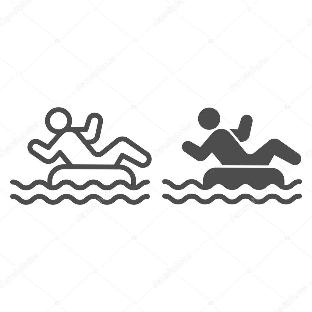 Person in inflatable ring line and solid icon, Aquapark concept, Swimming Ring sign on white background, Man with inflatable circle in water park icon in outline style for mobile. Vector graphics