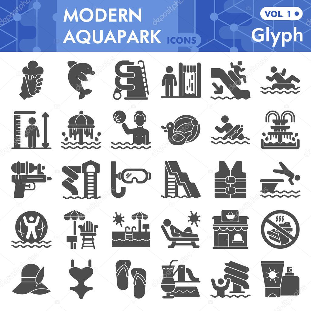 Aquapark solid icon set, Swimming pool symbols collection or sketches. Water park glyph style signs for web and app. Vector graphics isolated on white background