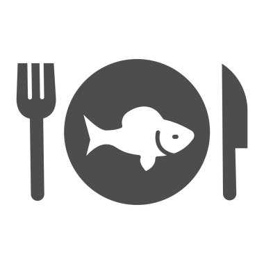 Çatal ve bıçak katıksız ikonlu balık tabağı, deniz ürünleri konsepti, beyaz arka planda Menü balık restoranı tabelası, mobil ve web tasarımı için tabak ikonu şeklinde balık. Vektör grafikleri.