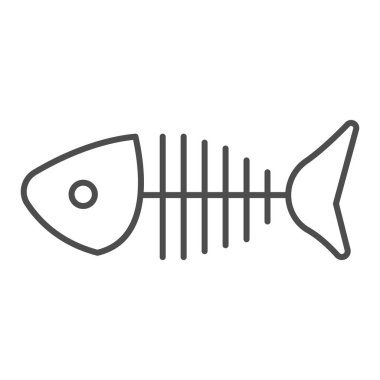 Kemikleri ve kuyruğu olan balık kafası ve ince çizgi ikonu, balık kavramı, beyaz arka planda balık iskeleti işareti, mobil ve web için ana hatlı bir balık iskeleti ikonu silueti. Vektör grafikleri.