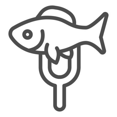 Çatal çizgisi ikonunda balık, balık pazarı konsepti, beyaz arka planda restoran menüsü işareti, mobil konsept ve web tasarımı için ana hatları şekillendirilmiş çatal ikonlu balık. Vektör grafikleri.