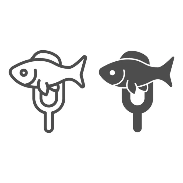 Poisson sur la ligne de fourche et icône solide, concept de marché aux poissons, menu restaurant signe sur fond blanc, poisson crucian sur l'icône de fourche dans le style de contour pour concept mobile et web design. Graphiques vectoriels. — Image vectorielle