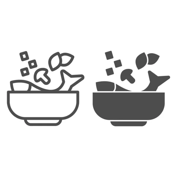 Vissoep lijn en solide pictogram, Fish market concept, Japanse gerechten schotel teken op witte achtergrond, Soep met zeevruchten pictogram in grote lijnen voor mobiele concept en web design. vectorgrafieken. — Stockvector
