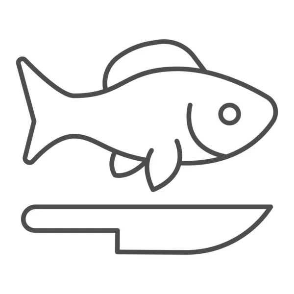 Ryby a nůž tenká čára ikona, Rybí trh koncept, mořské plody restaurace znak na bílém pozadí, Ryby a nůž ikona ve stylu obrysu pro mobilní koncept a web design. Vektorová grafika. — Stockový vektor