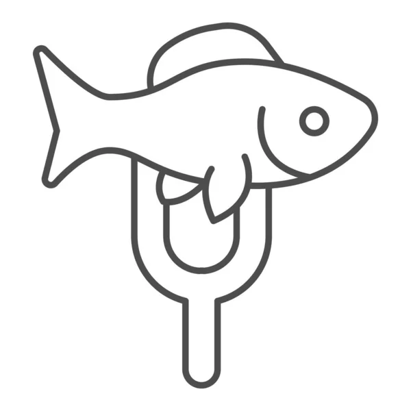 Fisk på gaffel tunn linje ikon, Fisk marknadskoncept, restaurang meny skylt på vit bakgrund, Fisk crucian på gaffel ikon i kontur stil för mobila koncept och webbdesign. Vektorgrafik. — Stock vektor