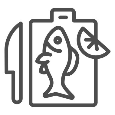 Balık ve limon çizgisi ikonu, deniz ürünleri konsepti, beyaz arka planda taze balık tabelaları pişirmek, ana hatlarıyla tahta kesme ikonunda hazırlanmış balıklar. Vektör grafikleri.