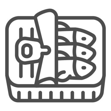 Teneke kutu çizgisi simgesinde ton balığı, balık pazarı konsepti, teneke balıklar beyaz arka planda imza atabilir, gezici konsept ve web tasarımı için ana hatlı balık ikonu. Vektör grafikleri.