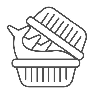 Plastik kutu ince çizgi ikonundaki balık, balık pazarı konsepti, beyaz arka planda Trout Pack tabelası, mobil ve web tasarımı için ana hatları belirlenmiş balık ikonu içeren plastik tepsi kutusu. Vektör grafikleri.