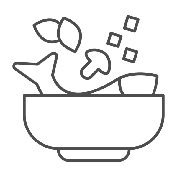 Sopa de peixe ícone de linha fina, Conceito de mercado de peixe, Sinal de prato de cozinha japonesa no fundo branco, Sopa com ícone de frutos do mar em estilo esboço para o conceito móvel e web design. Gráficos vetoriais. —  Vetores de Stock