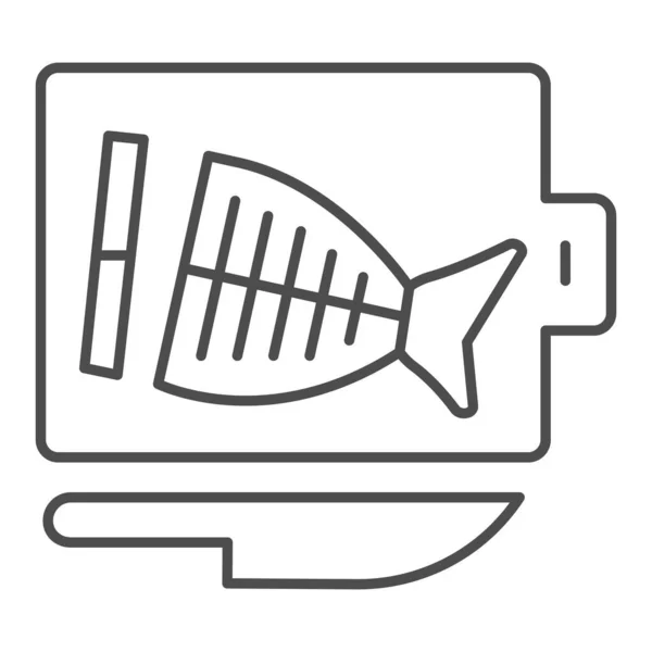 Tabla de cortar con pescado y cuchillo icono de línea delgada, concepto de mariscos, Cocinar letrero de pescado fresco sobre fondo blanco, Pescado preparado en icono de tabla de cortar en estilo de esquema. Gráficos vectoriales. — Vector de stock