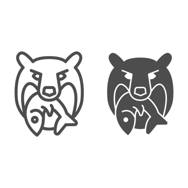 Bear hoofd met vislijn en solide pictogram, marine concept, beer en vis bedrijf logo teken op witte achtergrond, Grizzly beer met vis pictogram in omtrek stijl voor mobiele en web design. vectorgrafieken. — Stockvector