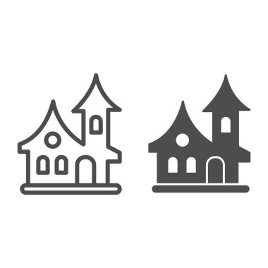Eski ev çizgisi, sağlam ikon, cadılar bayramı konsepti, beyaz arka planda cadı evi tabelası, mobil konsept ve web tasarımı için ana hatlı korkunç cadılar bayramı ikonu. Vektör grafikleri.