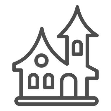 Eski ev çizgisi ikonu, cadılar bayramı konsepti, beyaz arka planda cadı evi tabelası, mobil konsept ve web tasarımı için ana hatlı korkunç cadılar bayramı ikonu. Vektör grafikleri.