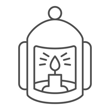 Mum ince çizgi ikonlu fener, cadılar bayramı konsepti, beyaz zemin üzerinde mum işareti olan el feneri, mobil konsept ve web tasarımı için ana hatlı alev ikonu olan lamba. Vektör grafikleri.