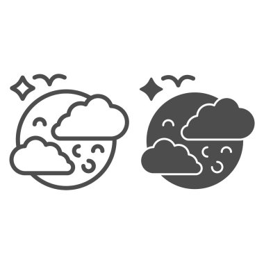 Bulutlarda ay ve kuş çizgisi ve katı ikon, cadılar bayramı kavramı, beyaz arka planda gökyüzü işareti, mobil konsept ve web tasarımı için cadılar bayramı ikonu. Vektör grafikleri.