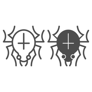 Arka çizgide çapraz çizgi ve katı ikon ile örümcek, cadılar bayramı konsepti, beyaz arka planda ağ işareti ören korkunç hayvan, mobil konsept için taslak şeklinde simge çizili örümcek. Vektör grafikleri.