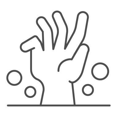 Ölü adam, ince çizgi ikonu altında, cadılar bayramı konsepti, beyaz arka planda yer altından çıkan zombi eli, ana hatlarıyla ölü el ikonu. Vektör grafikleri.