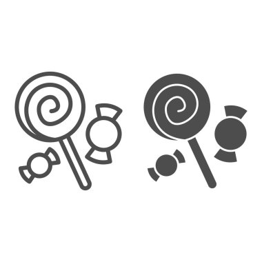 Lolipop ve şeker çizgisi ve katı ikon, cadılar bayramı konsepti, beyaz arka planda tatlı tabelası, mobil konsept vektör grafikleri için anahat tarzı lolipop ve goody simgesi.