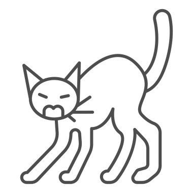 Kızgın siyah kedi çizgisi ikonu, cadılar bayramı konsepti, beyaz arka planda tıslayan kedi işareti, gezici konsept ve web tasarımı için tasarım tarzında sırtı bükülmüş korkmuş kedi. Vektör grafikleri.