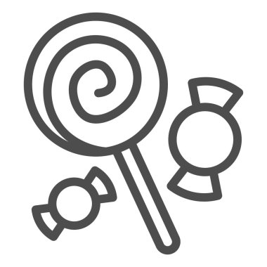 Lolipop ve şeker çizgisi simgesi, cadılar bayramı konsepti, beyaz arkaplanda tatlı tabelası, mobil konsept vektör grafikleri için ana hatlı şekil olarak lolipop ve goody simgesi.
