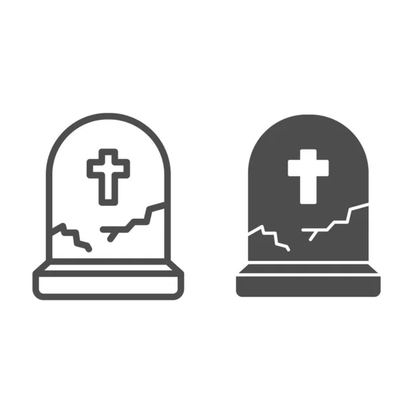 Могила с крестом и сплошной иконой, концепция Хэллоуина, могила с трещиной на белом фоне, брошенная икона надгробия в стиле очертания для мобильной концепции и веб-дизайна. Векторная графика. — стоковый вектор
