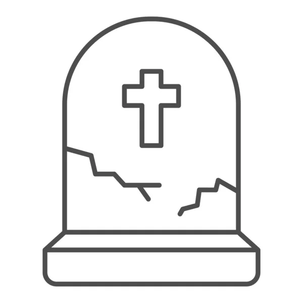 Tombe avec icône de ligne mince croix, concept halloween, tombe avec signe de fissure sur fond blanc, icône de pierre tombale abandonnée dans le style de contour pour concept mobile et web design. Graphiques vectoriels. — Image vectorielle