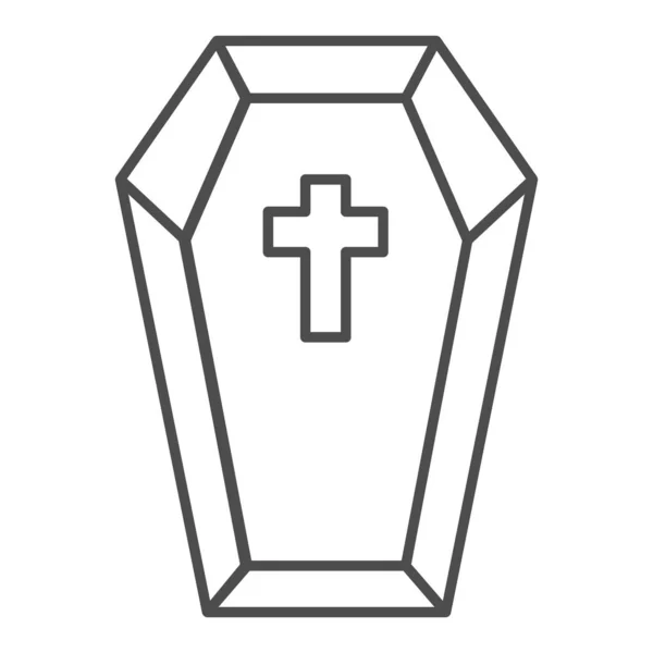 Cercueil avec icône de ligne mince croix, concept halloween, préparation morte pour le signe funéraire sur fond blanc, icône de lit dracula dans le style de contour pour concept mobile et web design. Graphiques vectoriels. — Image vectorielle