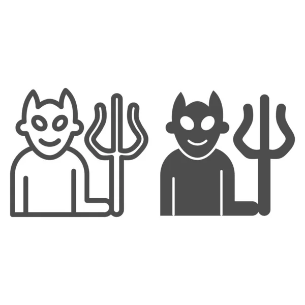 Диявол з лінією виделки і суцільною іконою, концепцією Хеллоуїна, демоном з тризубом на білому тлі, усміхненою іконою сатани в контурному стилі для мобільної концепції та веб-дизайну. Векторна графіка . — стоковий вектор