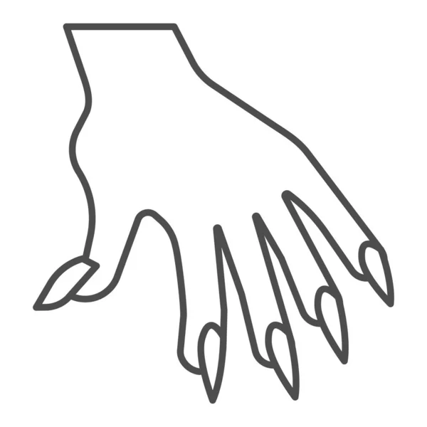 Mano con uñas largas icono de línea delgada, concepto de Halloween, dedos de bruja signo sobre fondo blanco, mujer brazo icono en el estilo de esquema para el concepto móvil y diseño web. Gráficos vectoriales. — Vector de stock