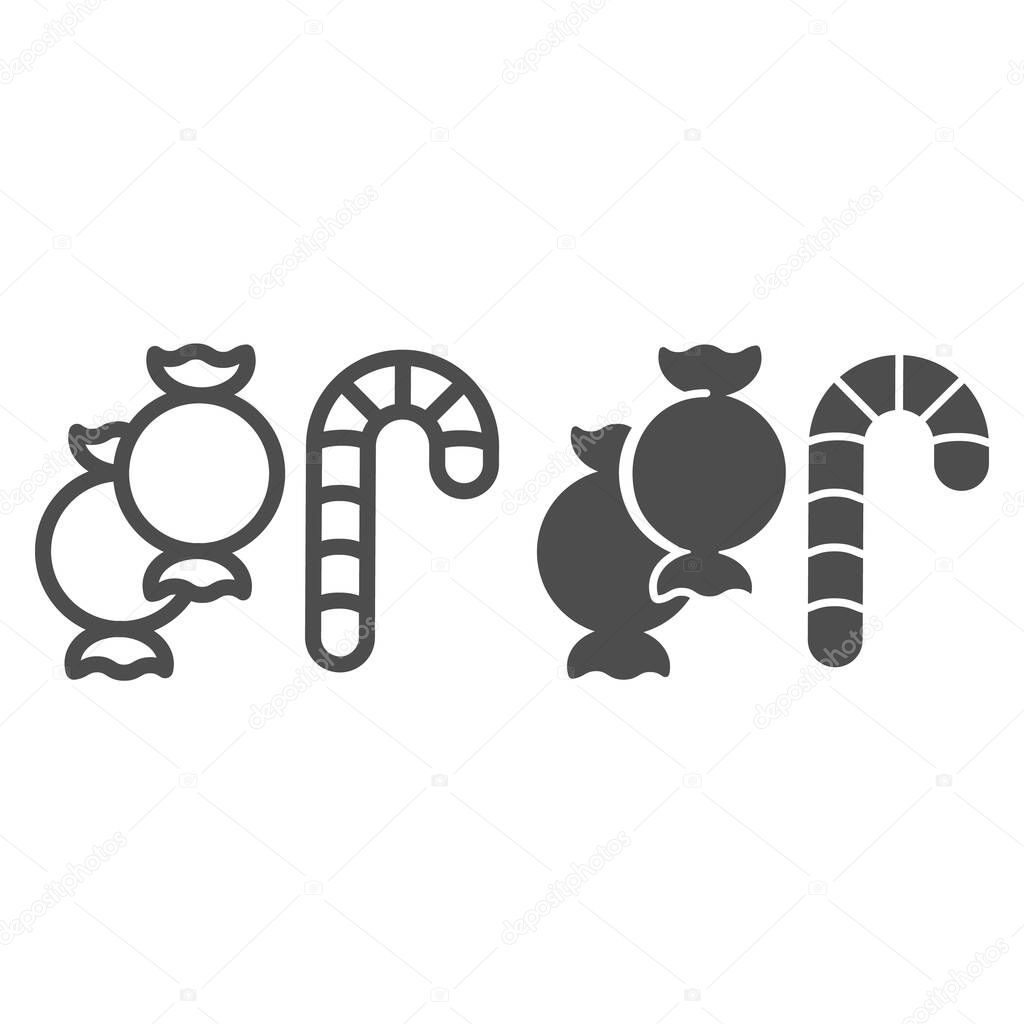 Candy cane and candy line and solid icon, halloween concept, sweets sign on white background, striped lollipop and goody icon in outline style for mobile concept Vector graphics.