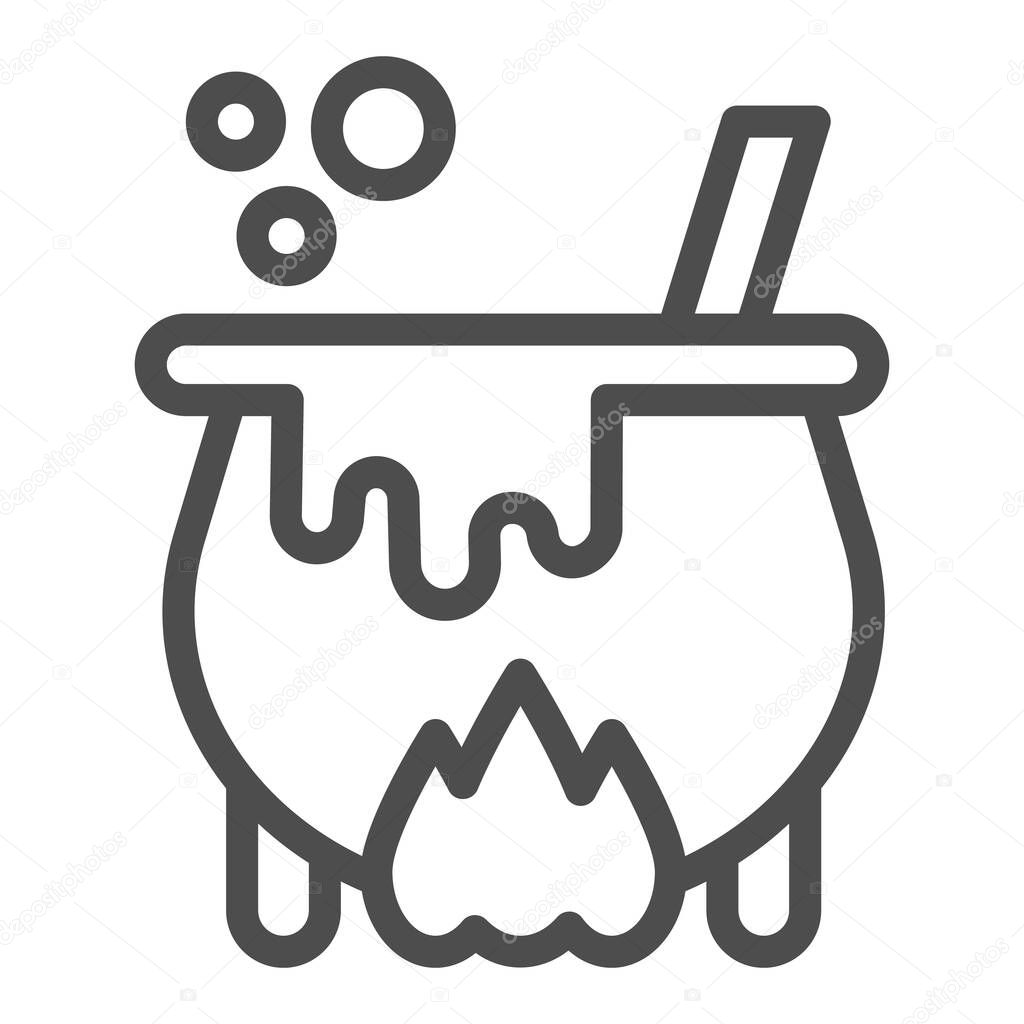 Cauldron with magic potion on fire line icon, halloween concept, witch pot of boiling potion sign on white background, bowler with spoon icon in outline style. Vector graphics.